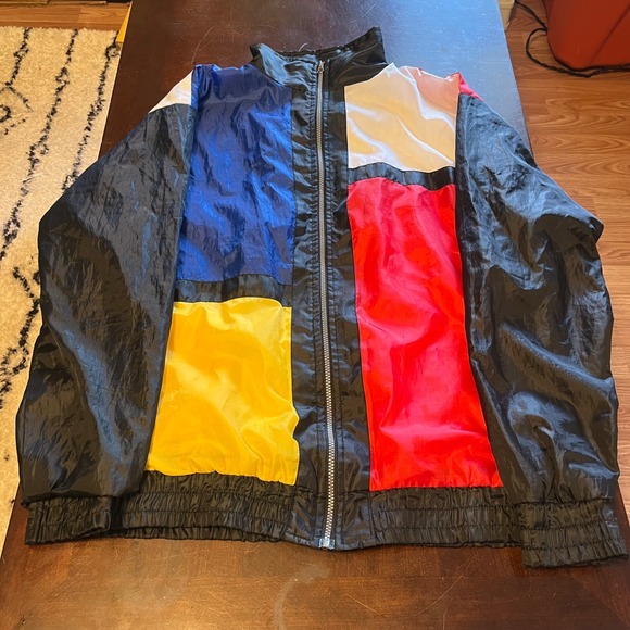 VTG Black Lacquer Jacket Womens 2XL Black Colorblock Windbreaker Streetwear 90s - Picture 1 of 8